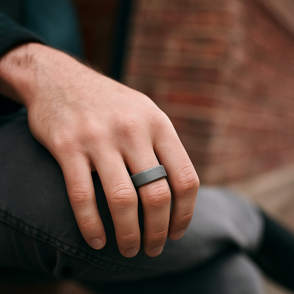 Mão masculina usando o Anel  em aço fosco modelo Ravello com acabamento vintage Classiatti.