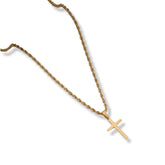 Colar masculino dourado com pingente de cruz lisa e corrente estilo cordão baiano torcido.