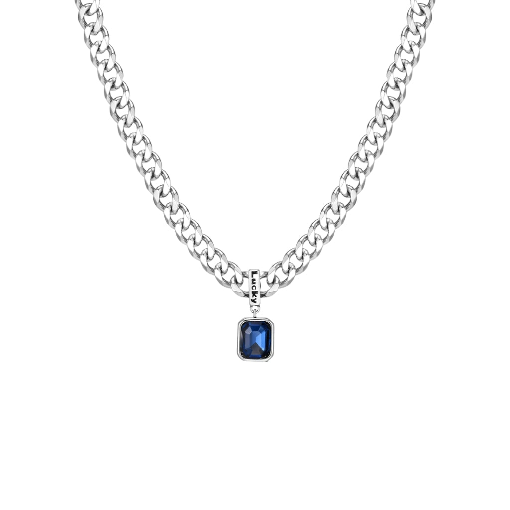 Colar masculino prateado modelo Irsina com pedra de zircônia azul escuro Classiatti.