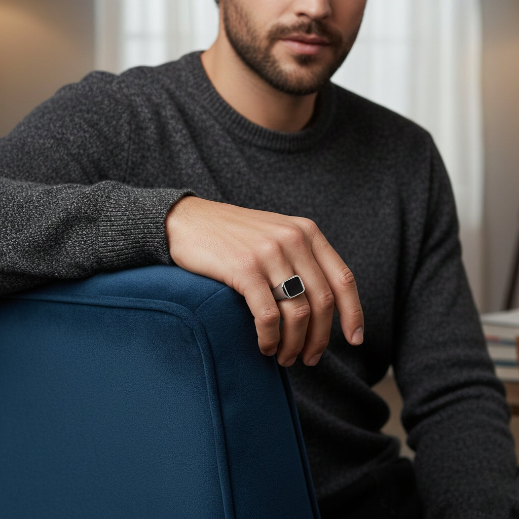 Homem estiloso usando anel masculino quadrado de aço com pedra preta no dedo, combinando com look casual moderno.