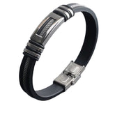 Pulseira masculina preta modelo Oria com detalhes em aço prateado e design industrial.