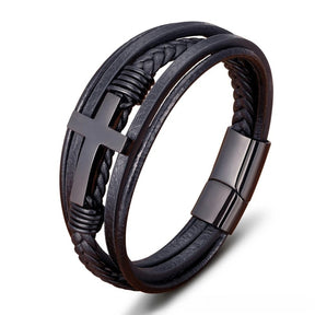 Pulseira masculina de couro preto multicamadas modelo Pienza com cruz em aço black.